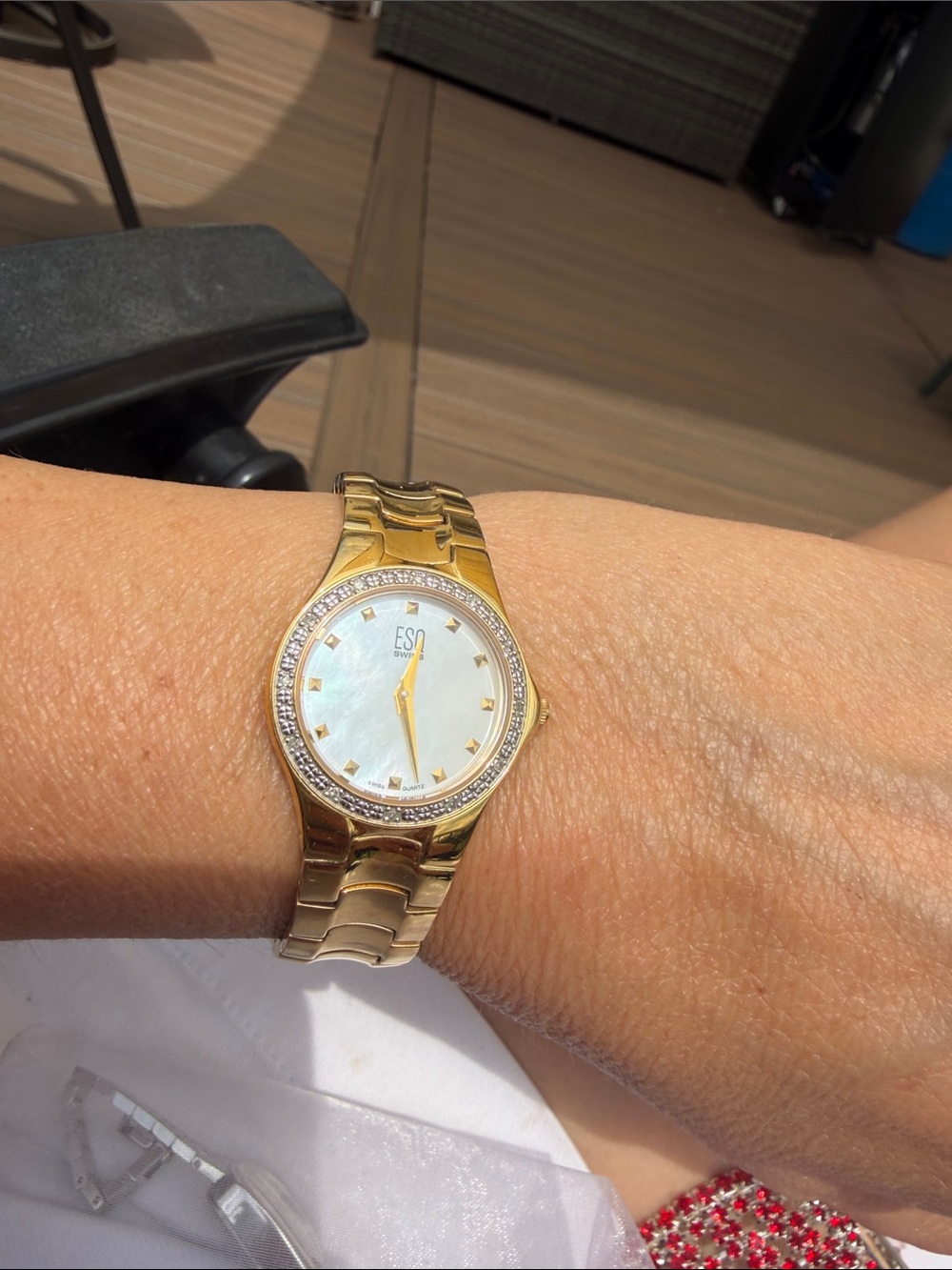 ESQ Gold Tone Crystal Bezel Watch with Mother of Pearl Dial